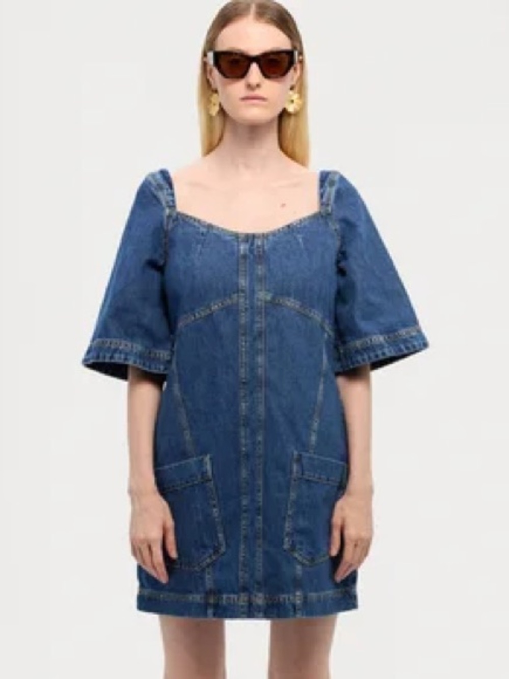 STINE GOYA Yvonne Topstitch Detail Denim Mini Dress in Trompe Loeil Blue Size L